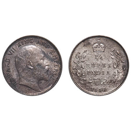 Edward VII, Silver, 1/4 Rupee, 1906, Calcutta Mint, No mint mark, Ghost on Rev. F. Prid 43