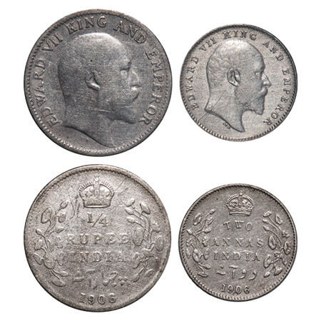 Edward VII, Silver, 1/4 Rupee, 2 Annas, (2 coins), 1906, Calcutta Mint, No mint mark. F. P