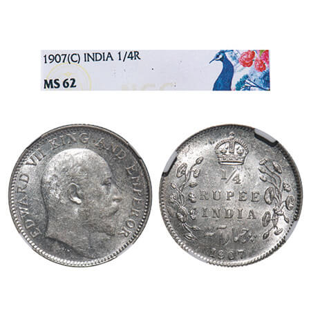 Edward VII, Silver, 1/4 Rupee, 1907, Calcutta Mint, No mint mark. F. Prid 436. GK 976. NGC