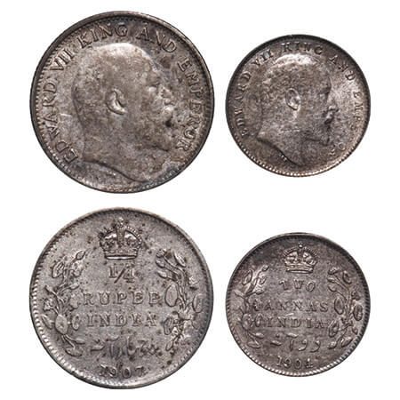 Edward VII, Silver, (2 coins), 1) 1/4 Rupee, 1907, Calcutta Mint, No mint mark, 2) 2 Annas