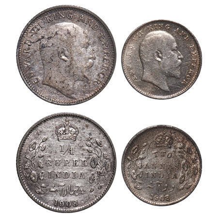 Edward VII, Silver, 1/4 Rupee, 2 Annas, (2 coins), 1908, Calcutta Mint, No mint mark. F. P