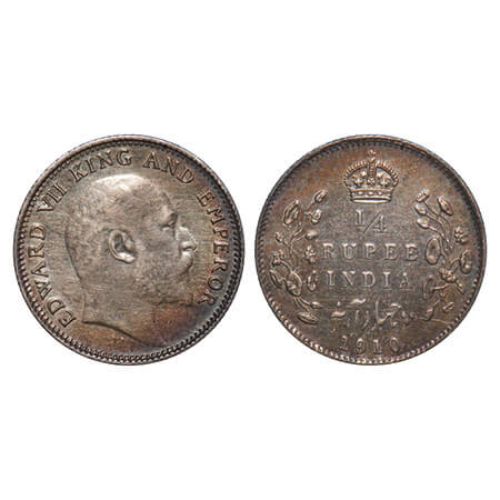 Edward VII, Silver, 1/4 Rupee, 1910, Calcutta Mint, No mint mark. F. Prid 439. GK 978. Abo