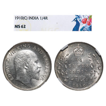 Edward VII, Silver, 1/4 Rupee, 1910, Calcutta Mint, No mint mark. F. Prid 439. GK 978. NGC