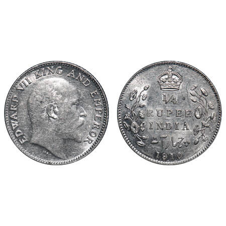 Edward VII, Silver, 1/4 Rupee, 1910, Bombay Mint, Dot. F. Prid Unlisted. GK 979. Uncircula