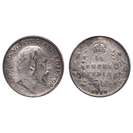 Edward VII, Silver, 1/4 Rupee, 1910, Bombay Mint, Dot. F. Prid Unlisted. GK 979. Extremely