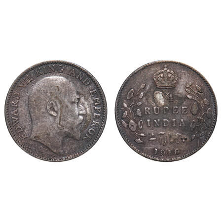 Edward VII, Silver, 1/4 Rupee, 1910, Bombay Mint, Dot. F. Prid Unlisted. GK 979. Extremely