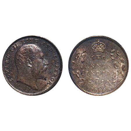 Edward VII, Silver, 2 Annas, 1904, Calcutta Mint, No mint mark, Ghost on Rev, Planchet fla