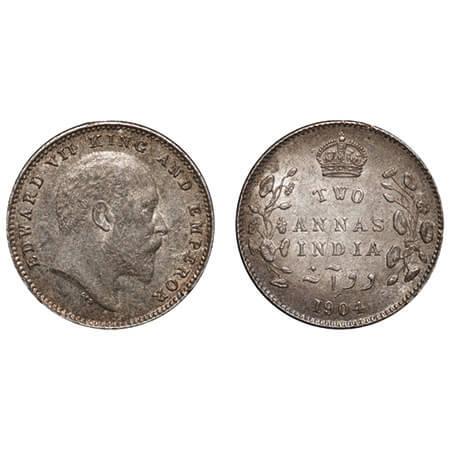 Edward VII, Silver, 2 Annas, 1904, Calcutta Mint, No mint mark, Nick on Rev edge. F. Prid 
