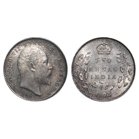 Edward VII, Silver, 2 Annas, 1905, Calcutta Mint, No mint mark. F. Prid 558. GK 982. Uncir
