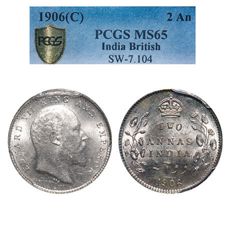 Edward VII, Silver, 2 Annas, 1906, Calcutta Mint, No mint mark. F. Prid 559. GK 983. PCGS 