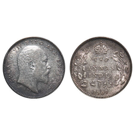 Edward VII, Silver, 2 Annas, 1907, Calcutta Mint, No mint mark, Ghost on Rev. F. Prid 560.