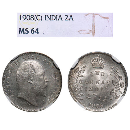 Edward VII, Silver, 2 Annas, 1908, Calcutta Mint, No mint mark. F. Prid 561. GK 985. NGC S