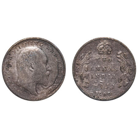 Edward VII, Silver, 2 Annas, 1909, Calcutta Mint, No mint mark. F. Prid 562. GK 986. Very 