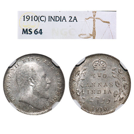 Edward VII, Silver, 2 Annas, 1910, Calcutta Mint, No mark. F. Prid 563. GK 987. NGC Slabbe