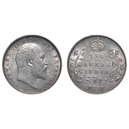 Edward VII, Silver, 2 Annas, 1910, Calcutta Mint, No mint mark. F. Prid 563. GK 987. Extre