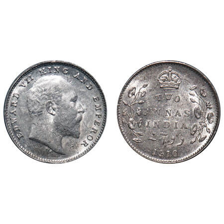 Edward VII, Silver, 2 Annas, 1910, Bombay Mint, Dot, Ghost on Rev. F. Prid Unlisted. GK 98
