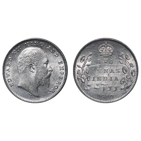 Edward VII, Silver, 2 Annas, 1910, Bombay Mint, Dot, Ghost on Rev. F. Prid Unlisted. GK 98
