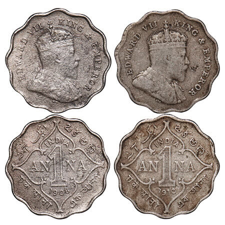 Edward VII, Copper-Nickel, 1 Anna, (2 coins), 1908, 1910, Bombay Mint, 'B' incused. F. Pri