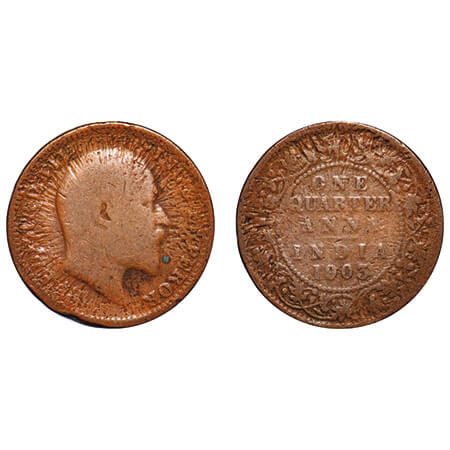 Edward VII, Copper, Quarter Anna, 1903, Error, Sun Burst Error on both sides. Very Fine+. 