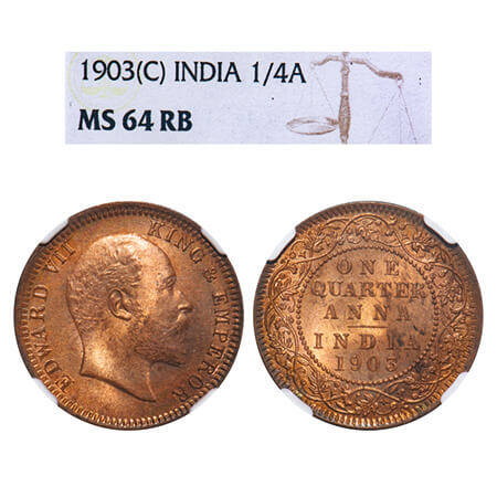 Edward VII, Copper, Quarter Anna, 1903, Calcutta Mint, No mint mark. F. Prid 646. GK 994. 