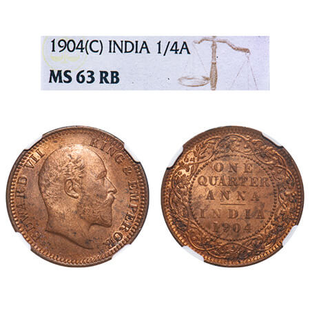 Edward VII, Copper, Quarter Anna, 1904, Calcutta Mint, No mint mark. F. Prid 647. GK 995. 