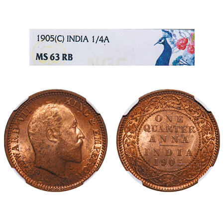 Edward VII, Copper, Quarter Anna, 1905, Calcutta Mint, No mint mark. F. Prid 649. GK 996. 