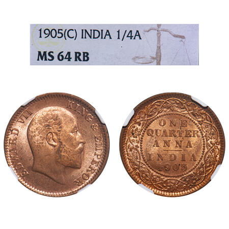 Edward VII, Copper, Quarter Anna, 1905, Calcutta Mint, No mint mark. F. Prid 649. GK 996. 