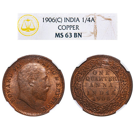 Edward VII, Copper, Quarter Anna, 1906, 6.47gm, Calcutta Mint, No mint mark. F. Prid 650. 