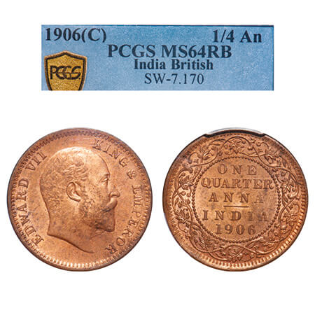 Edward VII, Copper, Quarter Anna, 1906, 6.47gm, Calcutta Mint, No mint mark. F. Prid 650. 