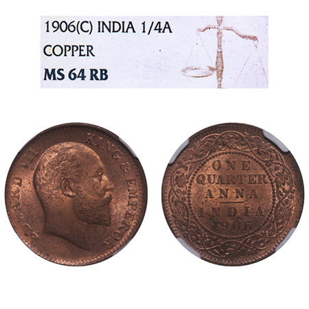 Edward VII, Copper, Quarter Anna, 1906, 6.47gm, Calcutta Mint, No mint mark. F. Prid 650. 