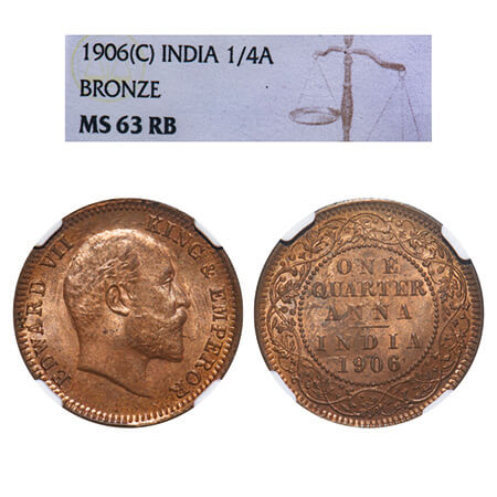 Edward VII, Bronze, Quarter Anna, 1906, 4.85gm, Calcutta Mint, No mint mark. F. Prid 651. 