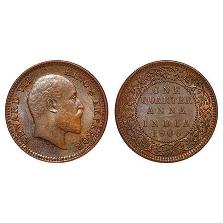 Edward VII, Bronze, Quarter Anna, 1906, 4.78gm, Calcutta Mint, No mint mark, Ghost on Rev.