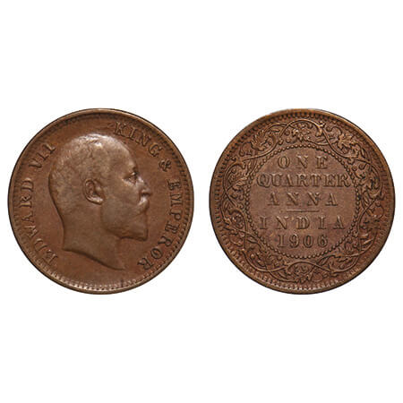 Edward VII, Bronze, Quarter Anna, 1906, 4.97gm, Calcutta Mint, No mint mark. F. Prid 651. 