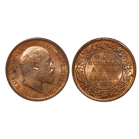 Edward VII, Bronze, Quarter Anna, 1907, Calcutta Mint, No mint mark, Ghost on Rev. F. Prid