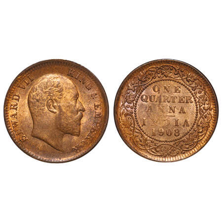 Edward VII, Bronze, Quarter Anna, 1908, Calcutta Mint, No mint mark. F. Prid 653. GK 1000.