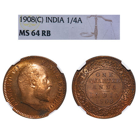 Edward VII, Bronze, Quarter Anna, 1908, Calcutta Mint, No mint mark. F. Prid 653. GK 1000.