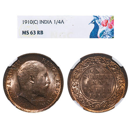 Edward VII, Bronze, Quarter Anna, 1910, Calcutta Mint, No mint mark. F. Prid 655. GK 1002.