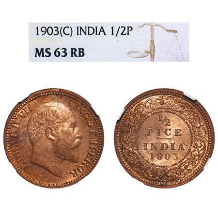 Edward VII, Copper, 1/2 Pice, 1903, Calcutta Mint, No mint mark. F. Prid 735. GK 1003. NGC