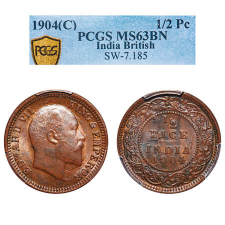 Edward VII, Copper, 1/2 Pice, 1904, Calcutta Mint, No mint mark. F. Prid 736. GK 1004. PCG