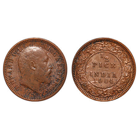 Edward VII, Copper, 1/2 Pice, 1904, Calcutta Mint, No mint mark, Ghost on Obv & Rev. F. Pr