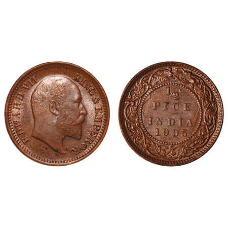 Edward VII, Copper, 1/2 Pice, 1905, Calcutta Mint, No mint mark, Ghost on Rev, Die crack o