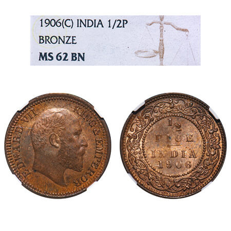 Edward VII, Bronze, 1/2 Pice, 1906, 2.43gm, Calcutta Mint, No mint mark. F. Prid 740. GK 1