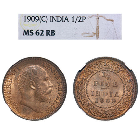 Edward VII, Bronze, 1/2 Pice, 1909, Calcutta Mint, No mint mark. F. Prid 743. GK 1010. NGC