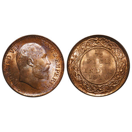 Edward VII, Bronze, 1/2 Pice, 1910, Calcutta Mint, No mint mark. F. Prid 744. GK 1011. Bri