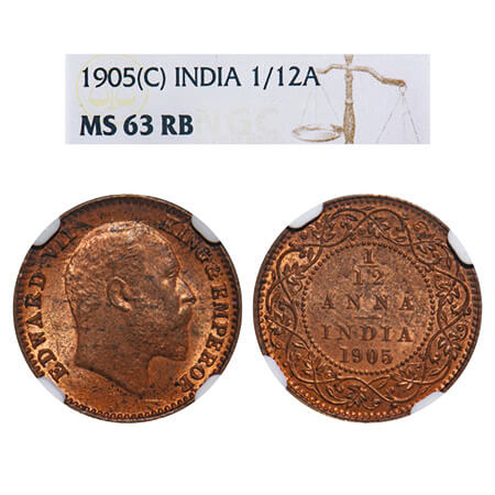 Edward VII, Copper, 1/12 Anna, 1905, Calcutta Mint, No mint mark. F. Prid 820. GK 1014. NG