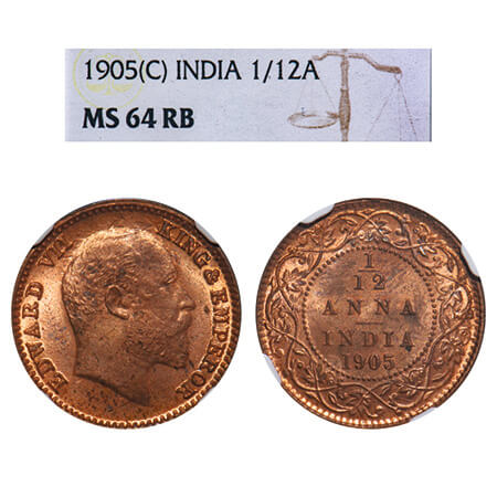 Edward VII, Copper, 1/12 Anna, 1905, Calcutta Mint, No mint mark. F. Prid 820. GK 1014. NG