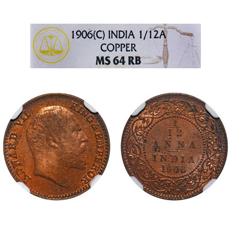 Edward VII, Copper, 1/12 Anna, 1906, 2.16gm, Calcutta Mint, No mint mark. F. Prid 821. GK 