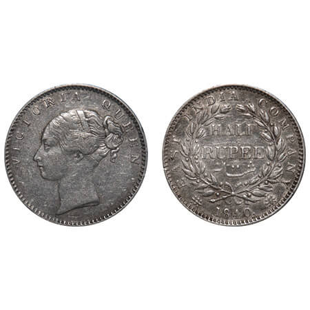 Victoria Queen, Silver, Half Rupee, 1840, CL, Bombay Mint, A/I, English Head, Wreath with 