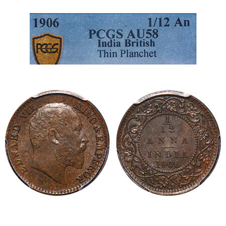 Edward VII, Bronze, 1/12 Anna, 1906, 1.62gm, Calcutta Mint, No mint mark. F. Prid 822. GK 