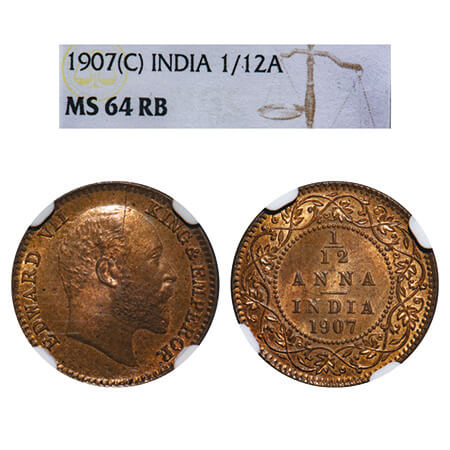 Edward VII, Bronze, 1/12 Anna, 1907, Calcutta Mint, No mint mark. F. Prid 823. GK 1017. NG